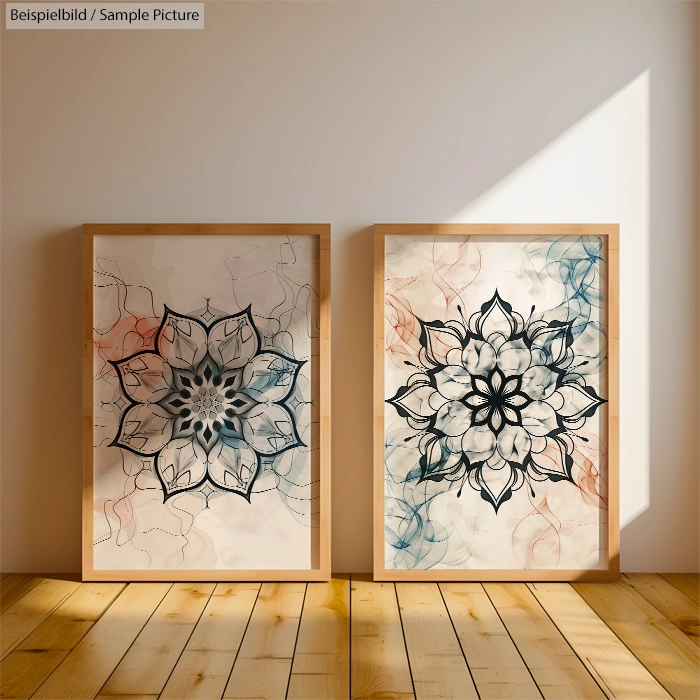 Two framed mandala art pieces with floral designs, displayed on a wooden floor against a sunlit wall.