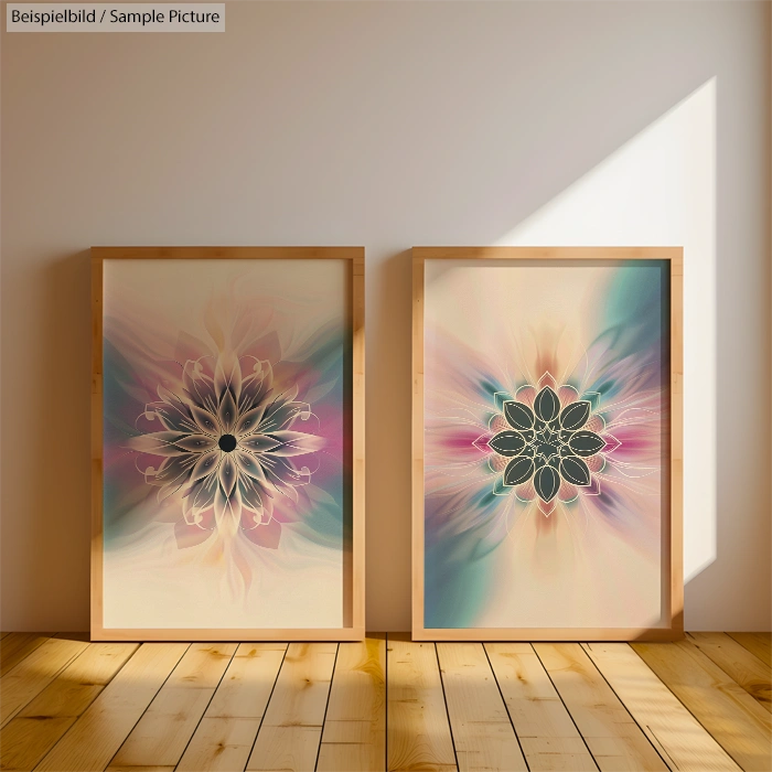 Two framed abstract flower paintings on a wooden floor, with vibrant colors and light shadows on the wall.