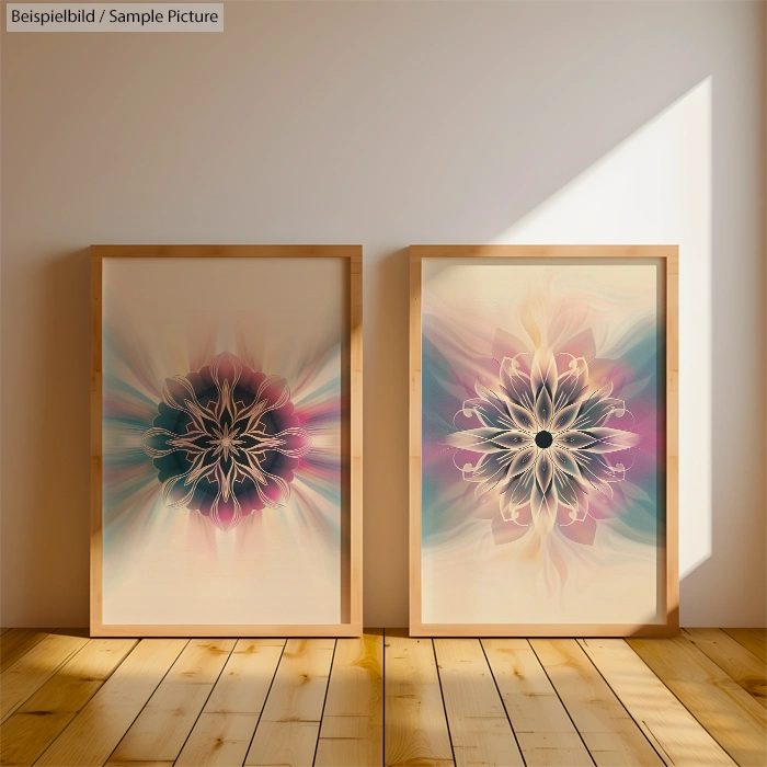 Two abstract framed artworks with floral patterns in pastel colors, displayed on a wooden floor against a white wall.