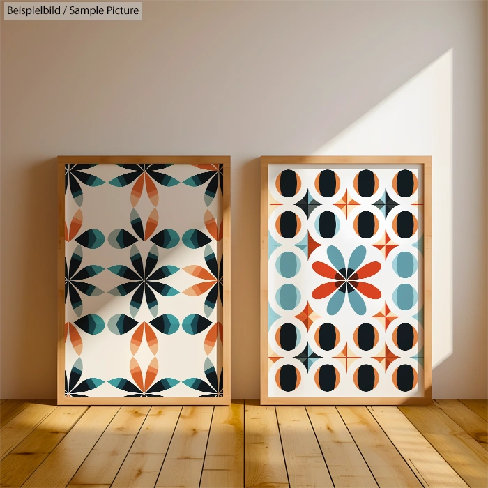 Two abstract geometric artworks in frames, featuring colorful patterns with circles and star-like shapes on a wooden floor.