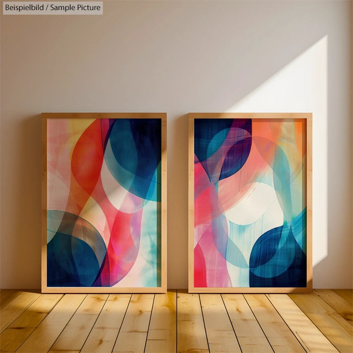 Two abstract paintings with overlapping colorful circles in wooden frames on a wooden floor against a white wall.