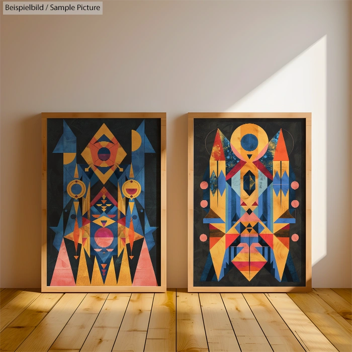 Two colorful geometric abstract art pieces in wooden frames on a wooden floor, with sunlight casting shadows.