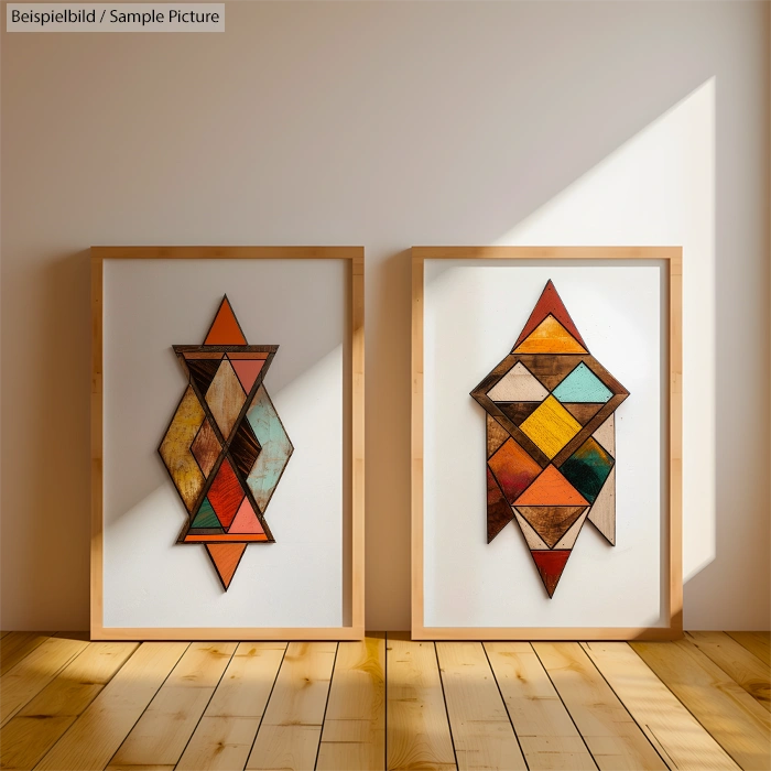 Two framed geometric wood art pieces with colorful patterns on a sunlit wooden floor.