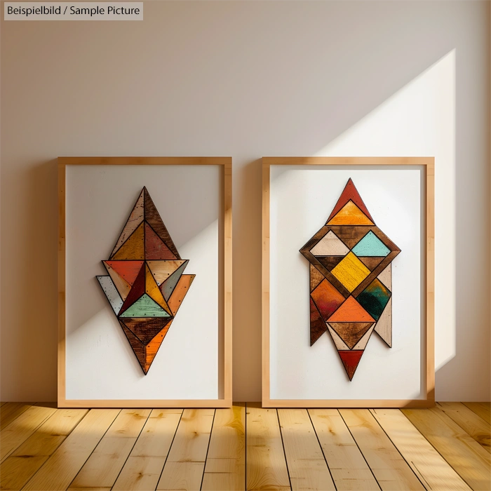 Geometric wood art pieces with colorful triangles framed on a wooden floor and white wall.