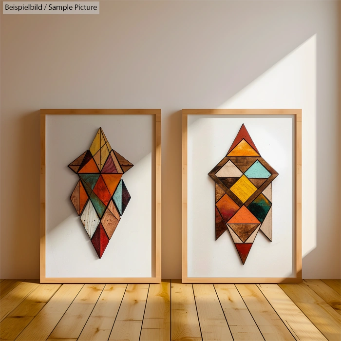 Two geometric abstract artworks in wood frames on wooden floor with sunlight highlighting vibrant colors.