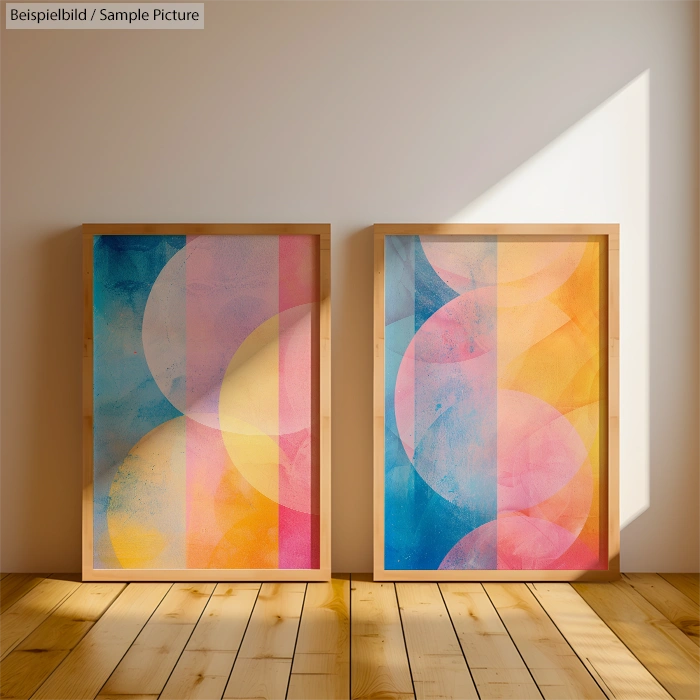 Two abstract paintings in wooden frames with colorful geometric shapes on a wooden floor against a neutral wall.