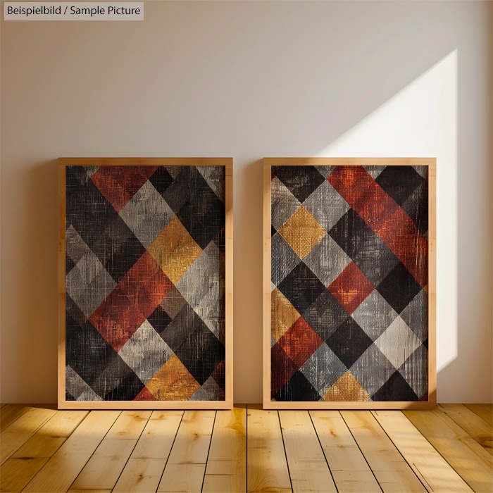 Two framed plaid pattern artworks on wooden floor against a white wall, with sunlight streaming from the right.