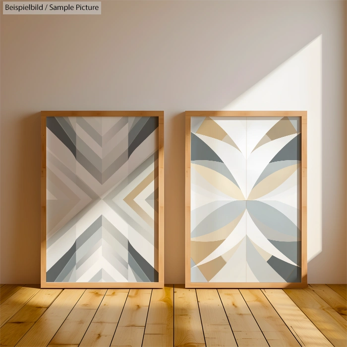 Two abstract geometric paintings in wooden frames on a wooden floor, with soft light creating shadows on the wall.