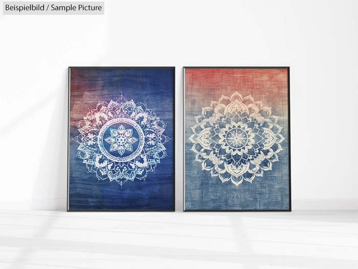 Two framed decorative mandala artworks, one blue with white details and the other red with white details, on a white wall.