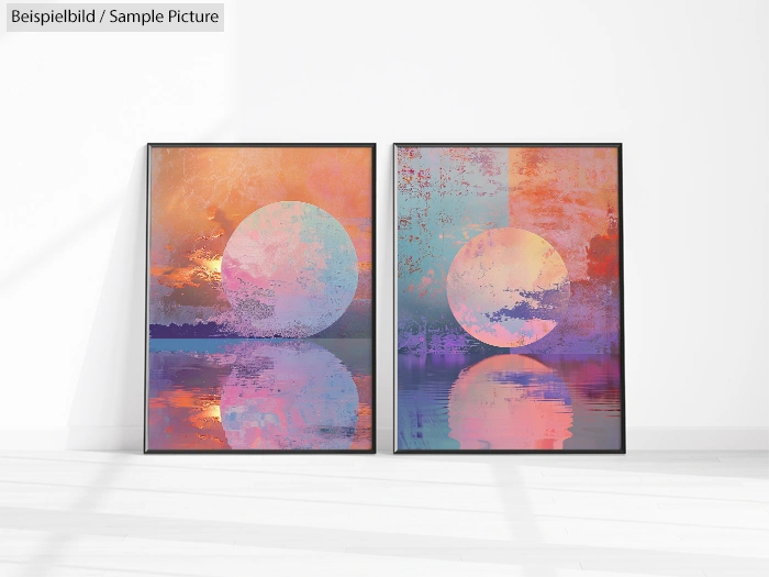 Two framed abstract paintings with colorful circular shapes and reflections, combining pink, orange, and purple hues.