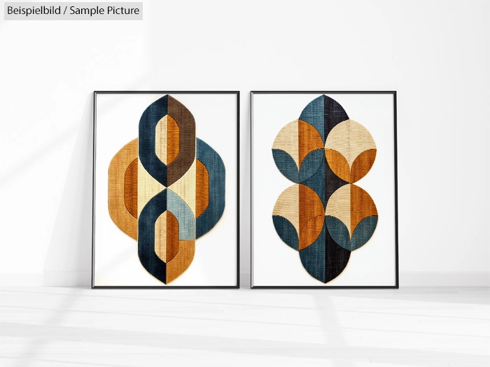 Abstract geometric artwork in blue, yellow, and brown hues framed against a white wall.