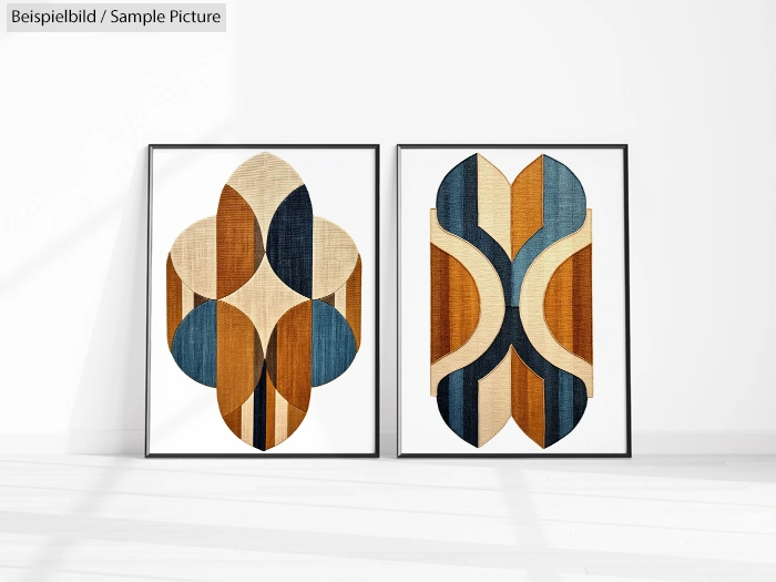 Two framed abstract artworks with geometric patterns in blue, beige, and brown hues, leaning against a white wall.