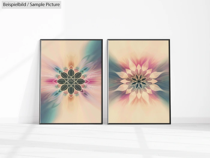 Two abstract floral paintings in pastel colors, framed and displayed on a white wall.