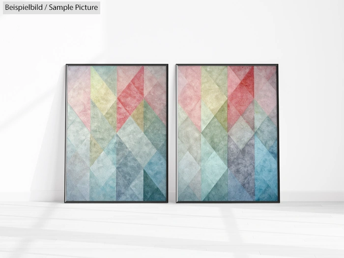 Two framed abstract geometric artworks with pastel triangular patterns on a white wall.