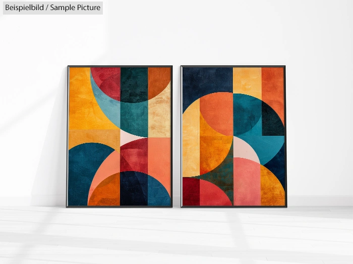 Two framed abstract geometric paintings with colorful overlapping shapes in teal, orange, yellow, and red hues.