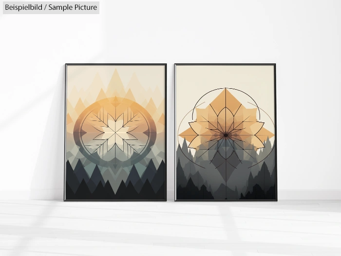 Geometric abstract art with overlapping mountain motifs in warm tones on two framed canvases against a white wall.