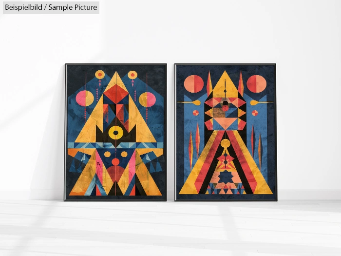 Pair of abstract geometric paintings with triangles and circles in blue, orange, and yellow hues on a white wall.