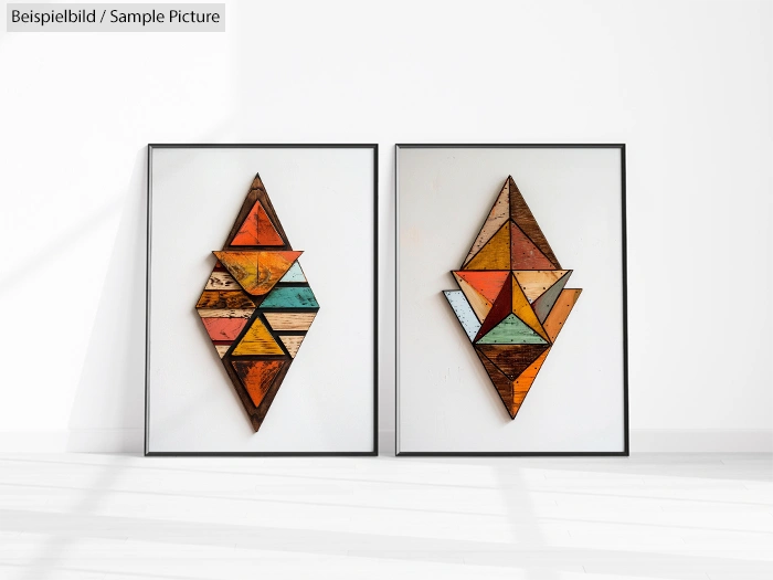 Two framed geometric wooden art pieces with colorful triangular patterns, displayed on a light background.