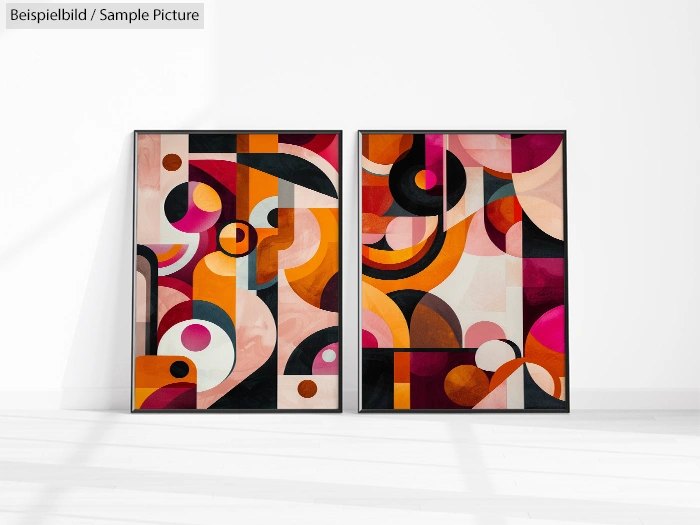 Two colorful abstract geometric paintings with circular and angular shapes in orange, pink, and black hues.