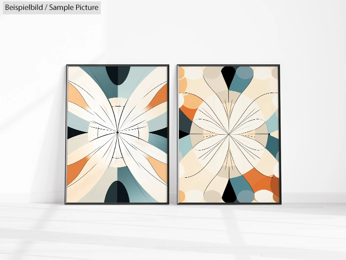 Two abstract artworks with geometric designs in blue, orange, black, and beige, displayed in frames on a white floor.