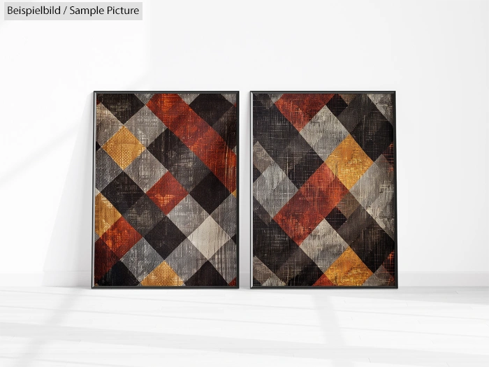 Pair of framed abstract geometric paintings with plaid patterns in red, orange, and gray tones leaning against a white wall.