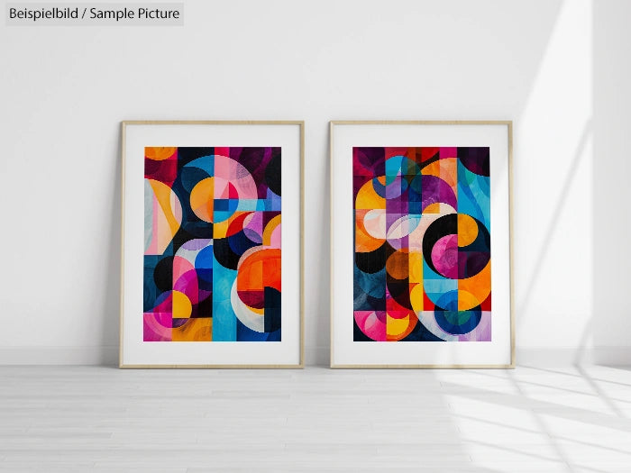 Two framed abstract paintings with colorful geometric shapes against a white wall and floor.