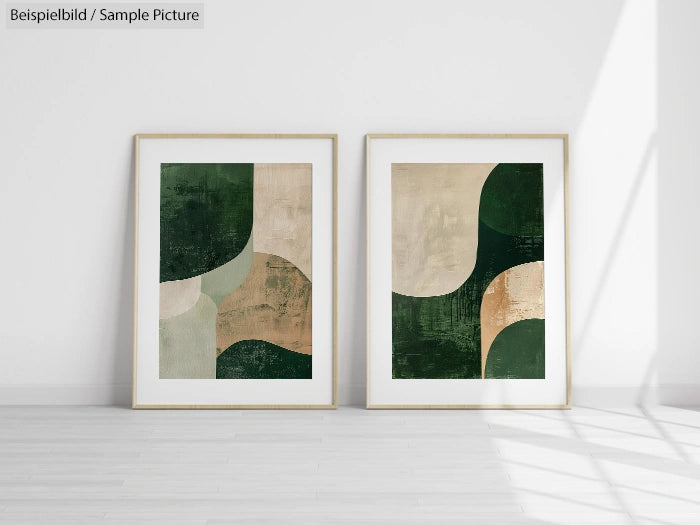 Two framed abstract paintings with green and beige geometric patterns on a white wall.