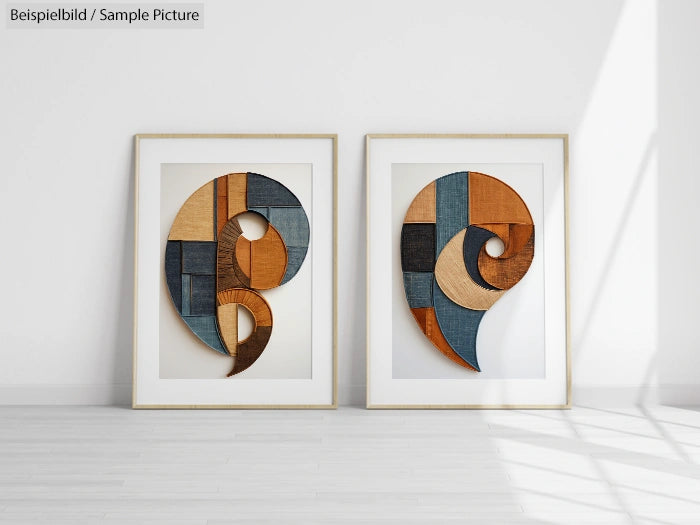 Two framed abstract art pieces with geometric wood patterns in orange, blue, and natural wood tones.