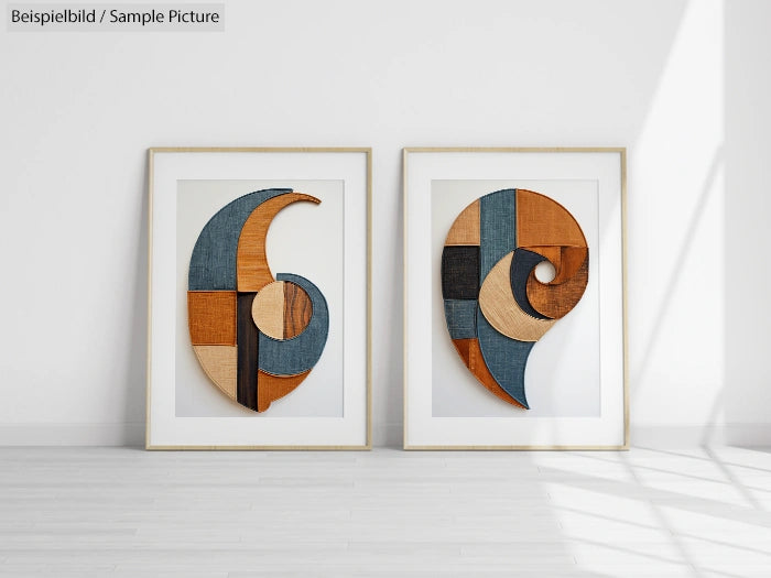 Pair of abstract art pieces with blue and orange geometric shapes in wooden frames on a white wall.