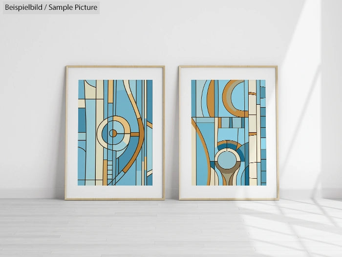 Pair of framed abstract art prints with geometric patterns, featuring circles and lines in blue, beige, and orange hues.