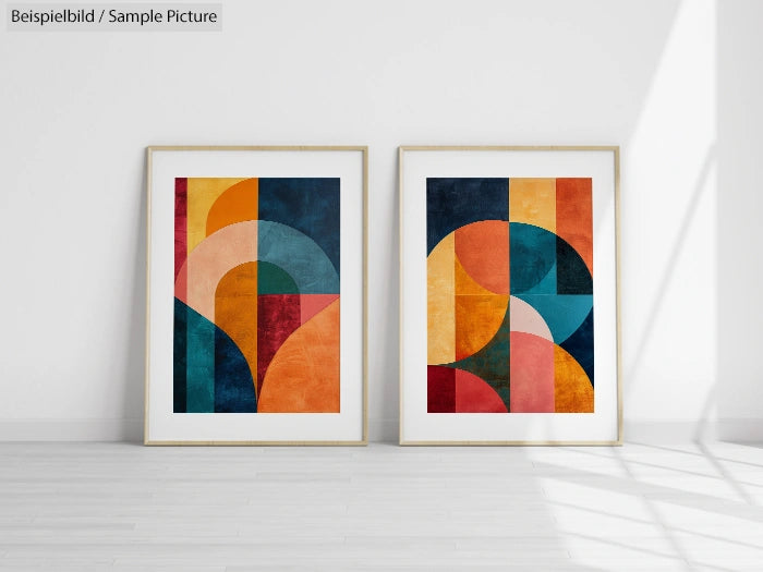 Two abstract geometric art pieces with colorful shapes in frames on a white wall.