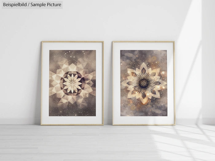 Two framed geometric flower artworks on a floor against a white wall, casting shadows, in a minimalist setting.