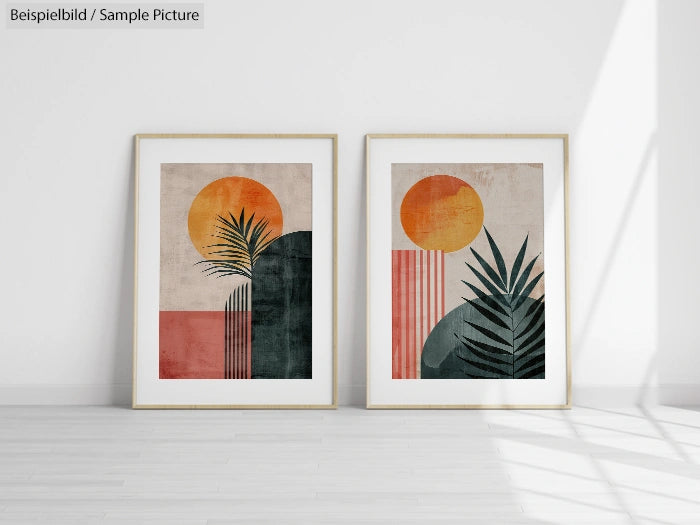 Pair of framed geometric art prints with orange suns, palm leaves, and geometric patterns on a minimalist wall.