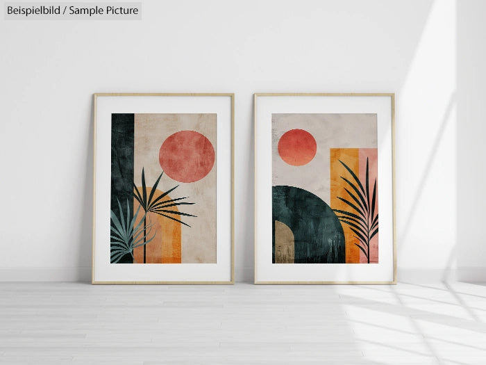 Two framed abstract art prints with geometric shapes in red, orange, and green, displayed on a white wall.