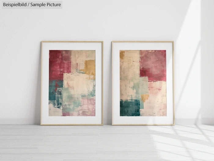 Two abstract paintings with geometric shapes in red, yellow, and blue tones displayed in light wooden frames.