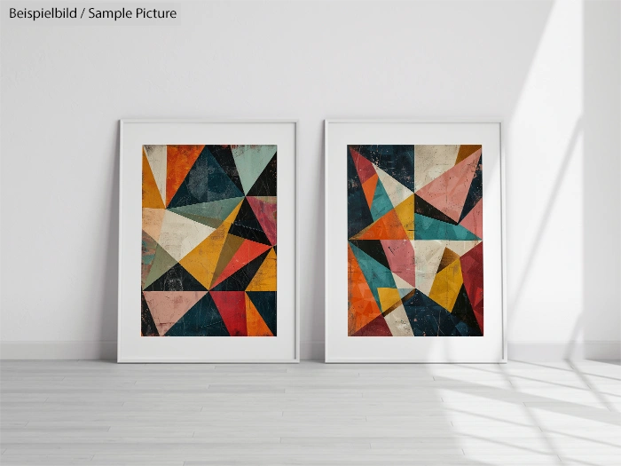 Two framed abstract geometric paintings with triangles in vibrant colors leaning against a white wall.