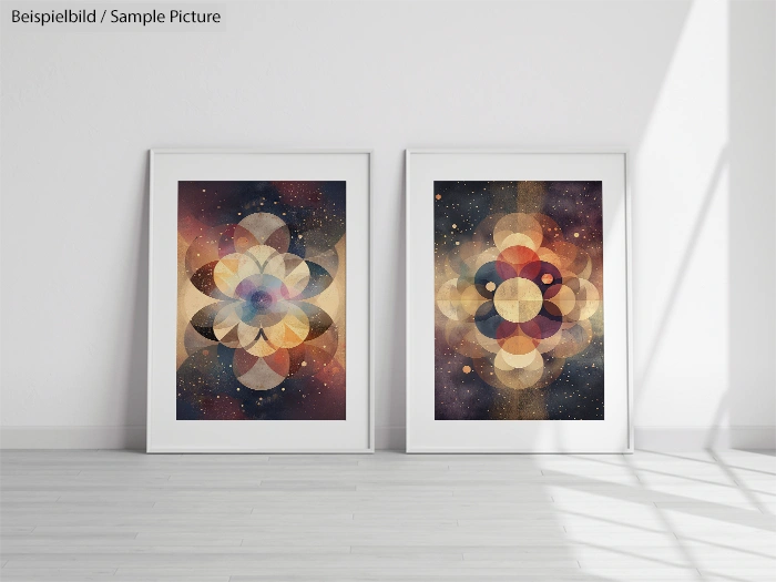 Two abstract geometric art prints in black frames on a light wooden floor against a white wall.