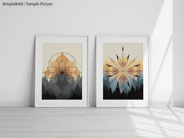 Two geometric art prints in frames, featuring abstract sunrise and mountain designs, displayed on a light wood floor.