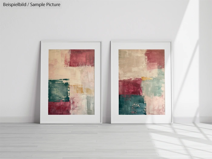 Two abstract paintings with muted red, pink, beige, and teal blocks in white frames, displayed on a light floor.