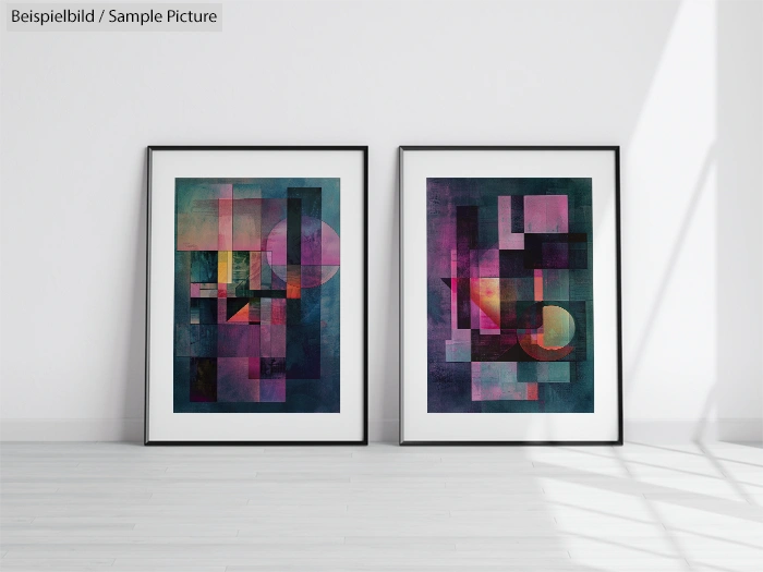 Two framed abstract paintings with geometric shapes in purple and teal tones on a white gallery wall.