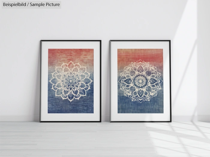 Two framed mandala artworks with gradient backgrounds in a minimalist gallery setting.