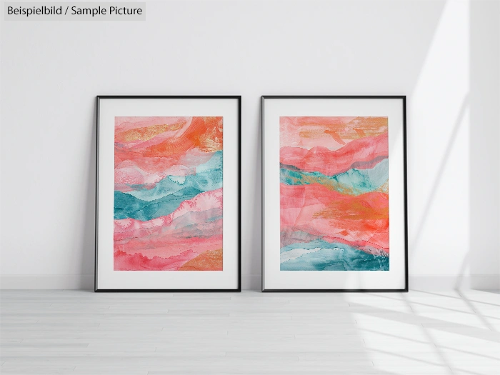 Two abstract paintings with pink, orange, and teal waves, framed and displayed on a light-colored wall.