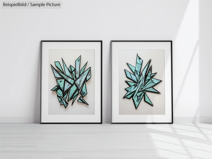 Two framed abstract artworks with geometric shapes in shades of teal, set against a white wall with subtle shadows.