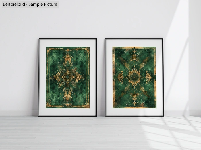 Two framed abstract art prints with green and gold patterns on a white wall in a bright room.