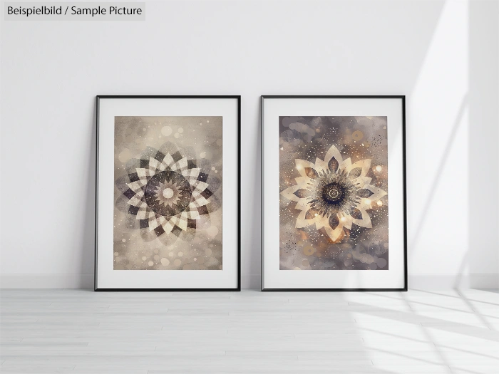 Two framed abstract mandala artworks on a white wall, featuring intricate geometric patterns in muted tones.