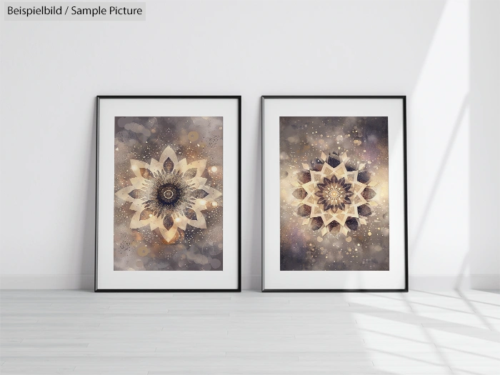 Two framed abstract mandala art prints on a white wall with soft lighting.