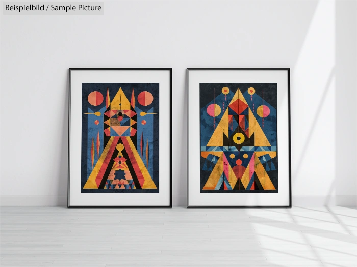 Two framed geometric abstract paintings with triangles and circles in vibrant colors on a white wall.