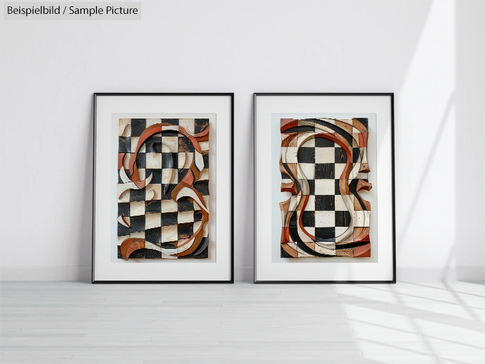 Two framed abstract artworks with checkered patterns and curved shapes, mounted on a white wall in a bright room.