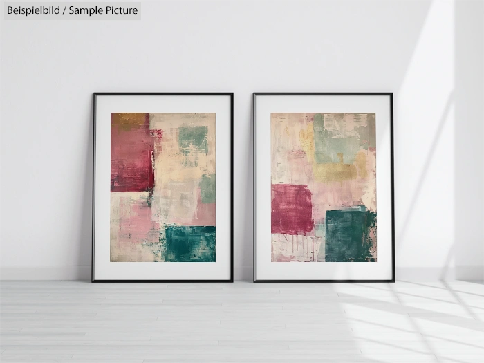 Two abstract paintings with blocks of pink, green, and cream colors in black frames, leaning against a white wall.