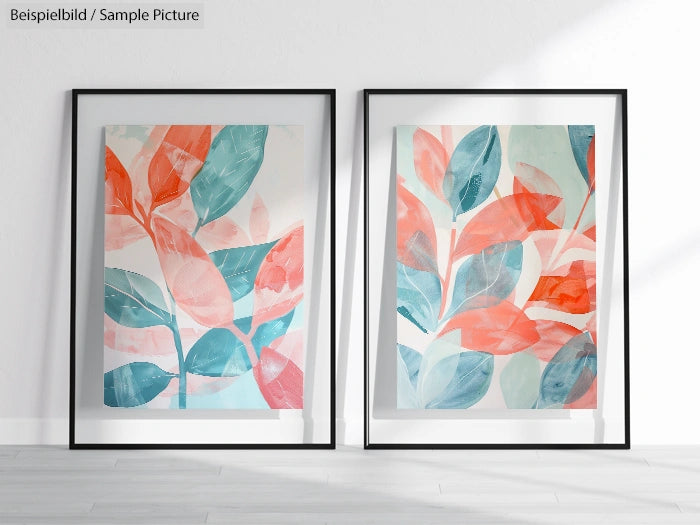 Two framed botanical paintings with colorful abstract leaves in shades of blue, orange, and red.